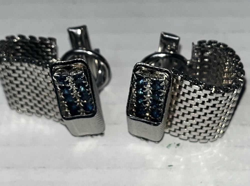 Vintage Silver Tone Mesh Wraparound Cufflinks Blue Rhinestone MCM 2 1/8"